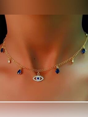 Blue evil eye rhinestone charm necklace Gold Tone
